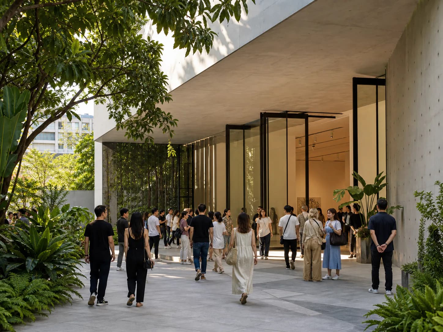 People arriving together at a contemporary cultural venue