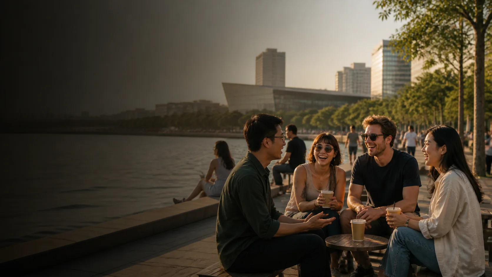 Friends enjoying an evening together in a contemporary Asian waterfront city
